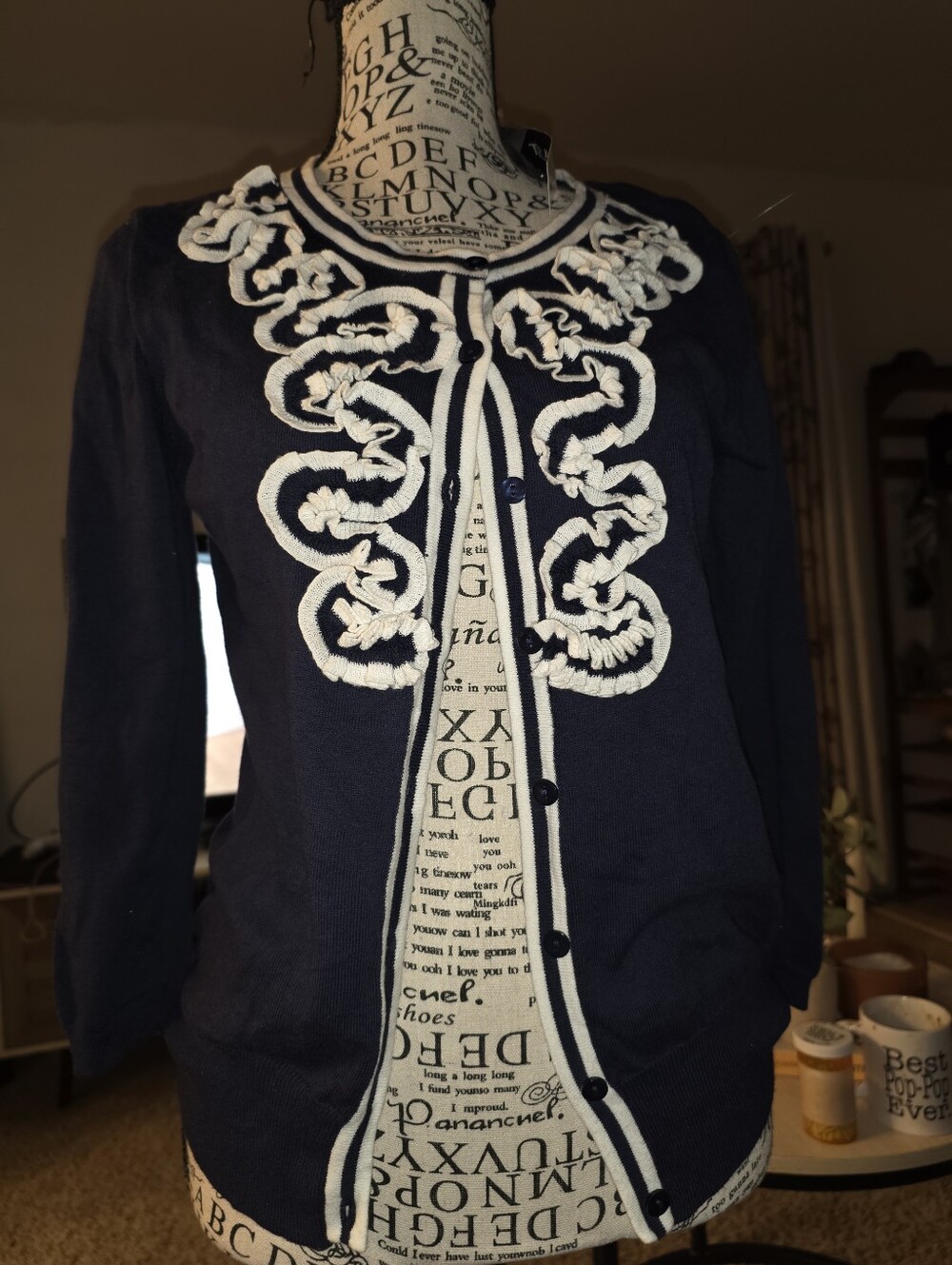 Tracy M Navy Blue Cardigan with White Decorative Trim